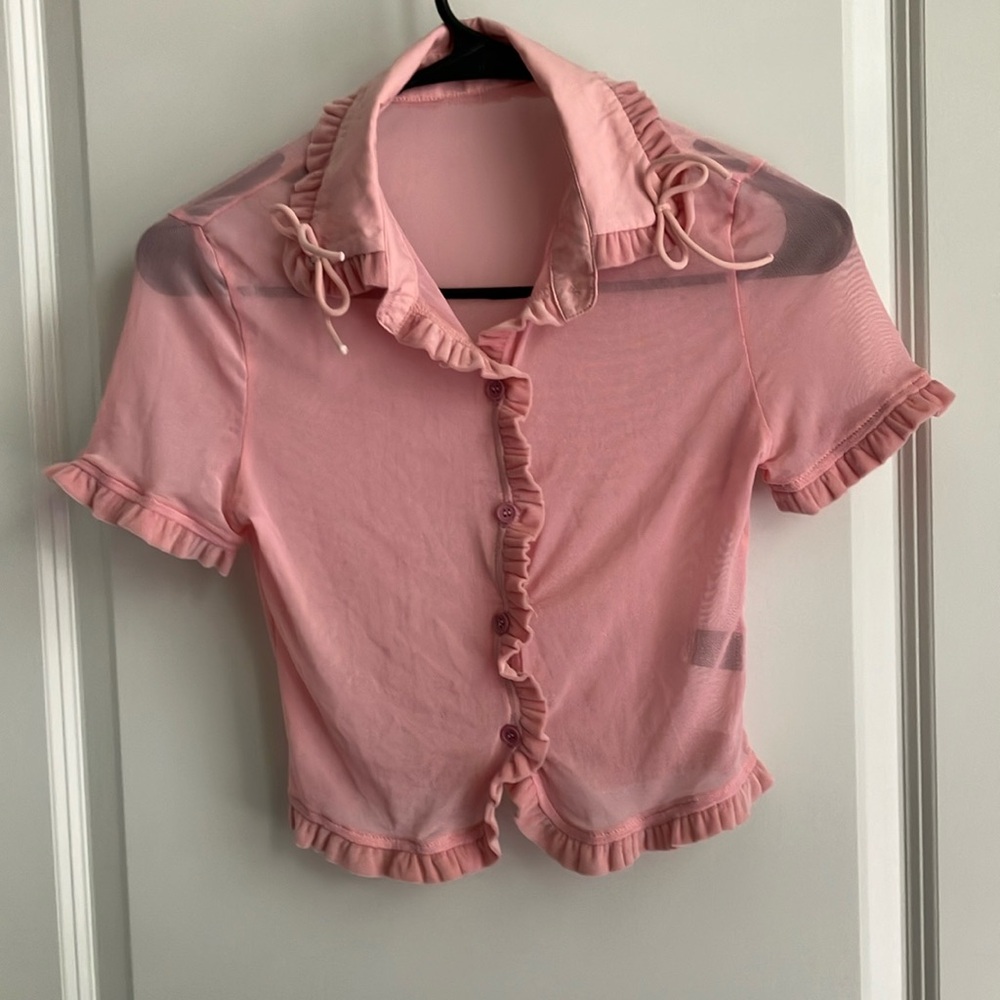 Pink Button Down Shirt with Ruffled Details
